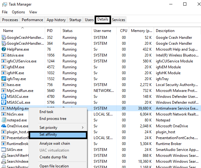 MsMpEng.exe Set affinity