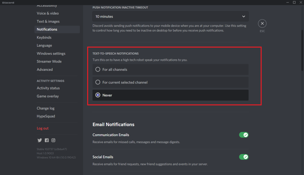 Changing Never option - Fix Discord Text To Speech Is Not Working