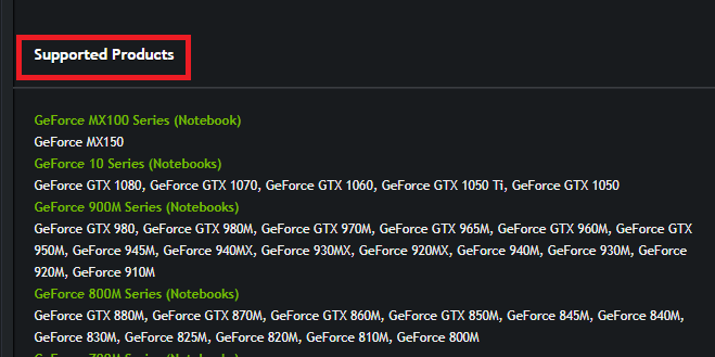 nvidia graphics driver supported products