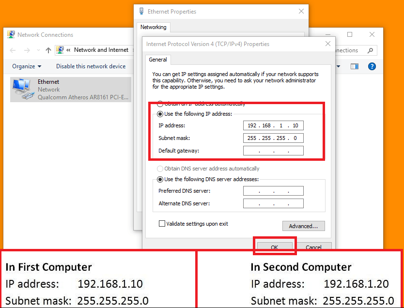 set the subnet and IP address