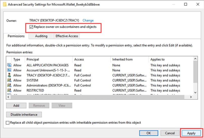 Replace Owner - Invalid Value For Registry