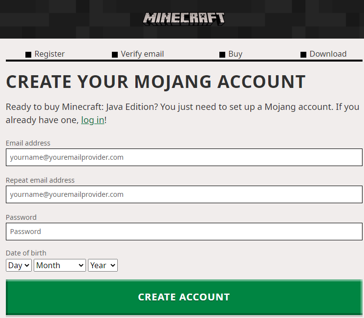 Minecraft Free Account registration