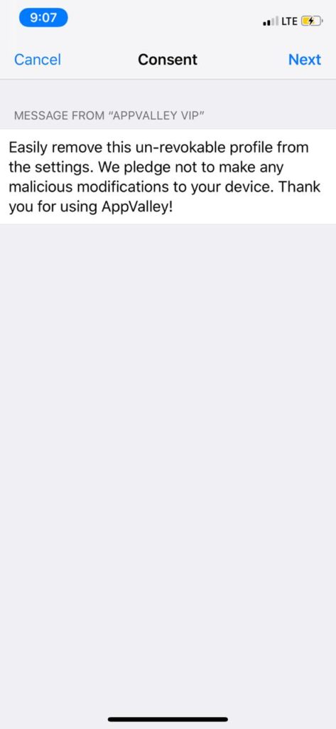 AppValley iOS installation without jailbreak - get a consent message