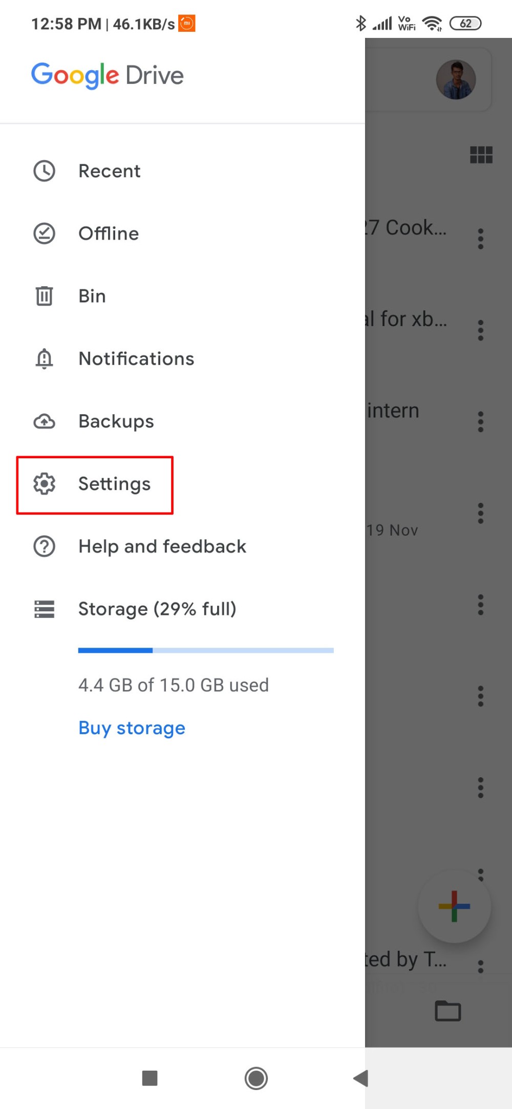 Google Drive Settings Option