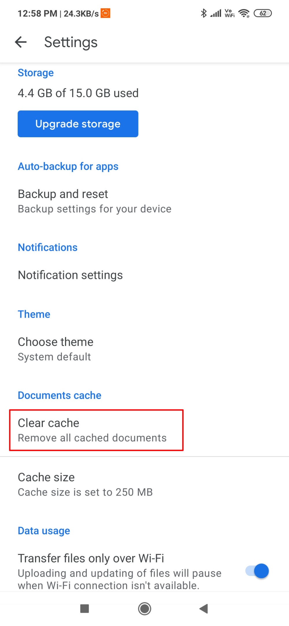 Clear cache Option on Google Drive