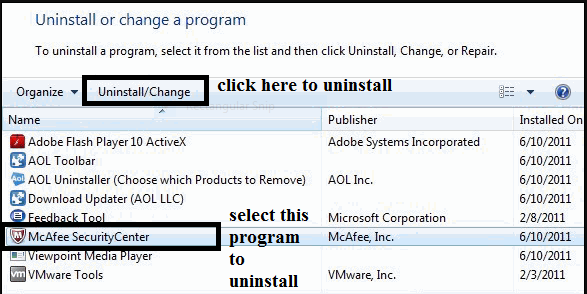 uninstall mcafee securitycenter