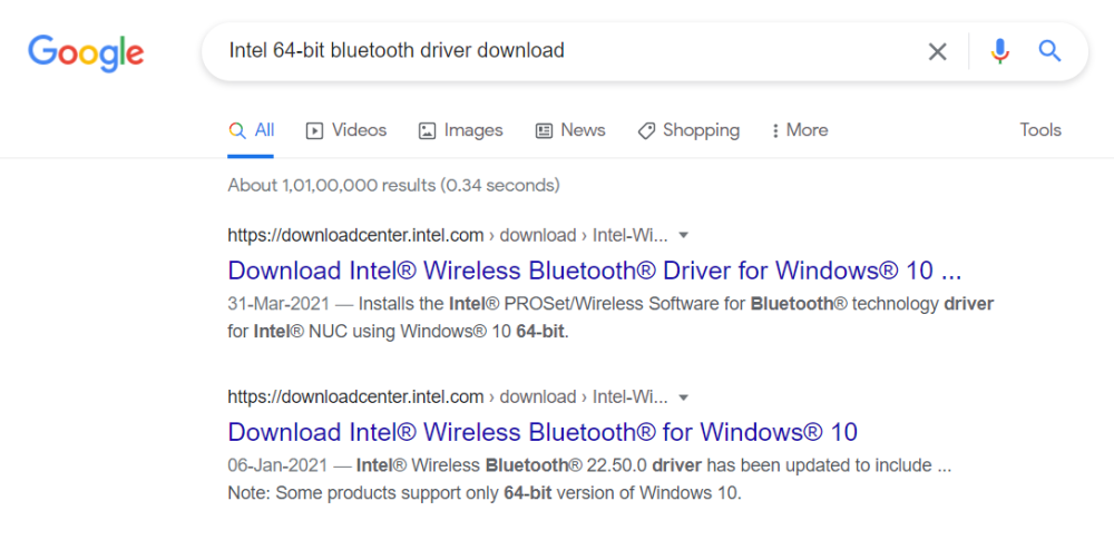 Search result for Bluetooth Drivers Windows 11