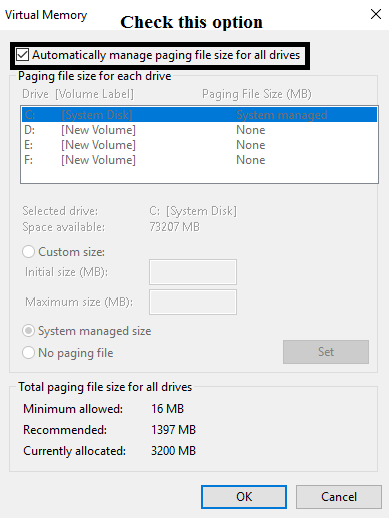 Automatically manage paging file size for all drives